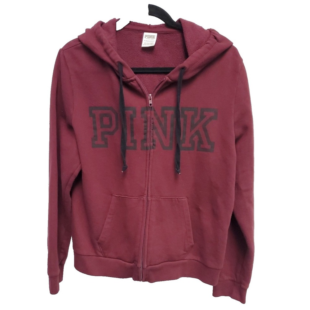 PINK‎ Victoria's Secret Hoodie Women's XL Maroon Black zip front Logo